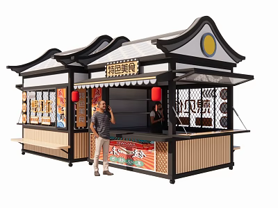 Traditional Chinese Food Stall With Curved Roof Red Lanterns And Menu Boards 3d model