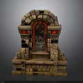 Brick Arched Architectural Structure with Red Decorative Orbs and Central Panel on Detailed Stone Pedestal