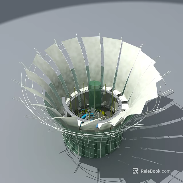 Contemporary Architectural Landmark With Radial White Petal Panels And Green Central Structure 3d model 