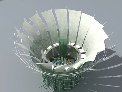 Contemporary Architectural Landmark With Radial White Petal Panels And Green Central Structure 3d model