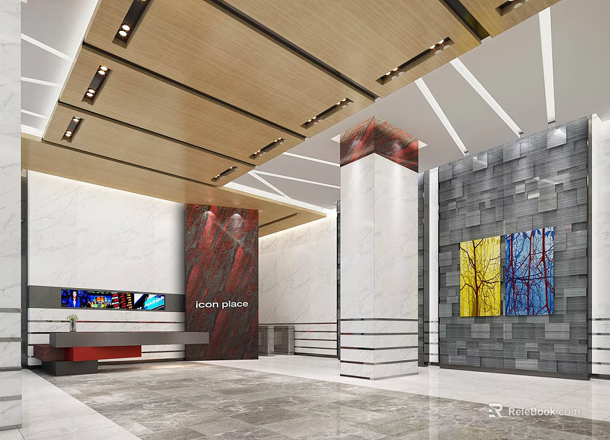 Modern Reception Area Interior Design With Wooden Ceiling Marble Walls And Art Paintings 3d model 