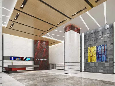 Modern Reception Area Interior Design With Wooden Ceiling Marble Walls And Art Paintings 3d model