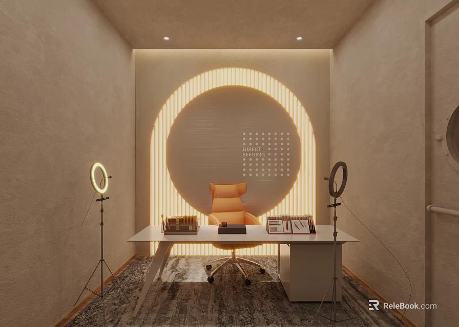 Modern Home Office Interior With White Desk Orange Chair And Circular Light Decoration 3d model 