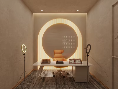 Modern Home Office Interior With White Desk Orange Chair And Circular Light Decoration 3d model