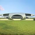 Modern Architectural Structure With Gray Roof And Extended Elements In Green Setting 3d model