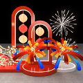 Floral Art Installation for Chinese New Year with Red Lanterns Fireworks and Golden Decor