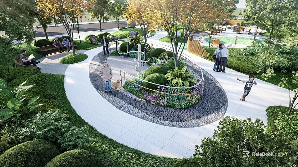 Scenic Park Landscape Featuring Circular Pathway Lush Trees Green Bushes And Children Playing 3d model 
