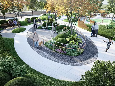 Scenic Park Landscape Featuring Circular Pathway Lush Trees Green Bushes And Children Playing 3d model