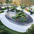 Scenic Park Landscape Featuring Circular Pathway Lush Trees Green Bushes And Children Playing