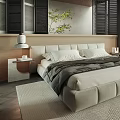 Modern Bedroom With Beige Bed Wooden Headboard Gray Blanket And City View Through Large Windows