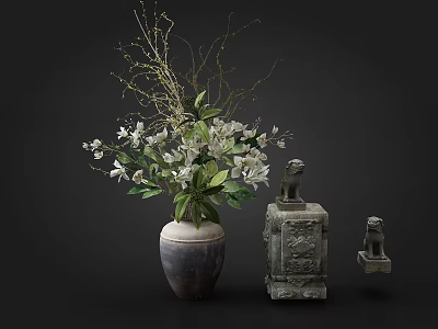 Traditional Decorative Ornament Set With Ceramic Vase White Flowers Green Foliage And Stone Carvings 3d model
