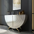 Modern Entryway Console Table With White Curved Design Gold Accents And Wall Art Decor