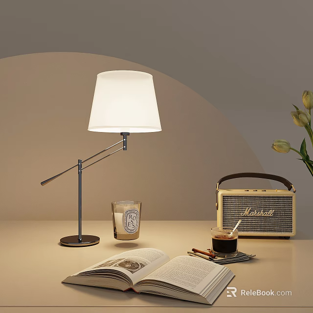 Table Lamp With White Shade Metal Arm Retro Radio Open Book And Candle On Desk 3d model 