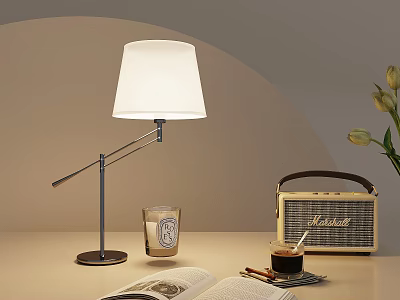 Table Lamp With White Shade Metal Arm Retro Radio Open Book And Candle On Desk 3d model