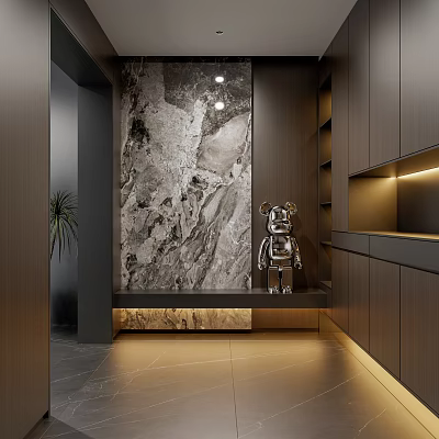 Modern Foyer Hallway With Dark Cabinets Marble Wall And Figurine 3d model