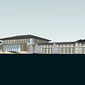 Modern Low rise Hotel Building Exterior With Glass Curtain Wall And Trees