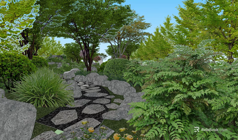 Scenic Park Landscape With Stone Path Lush Green Plants And Tall Trees 3d model 