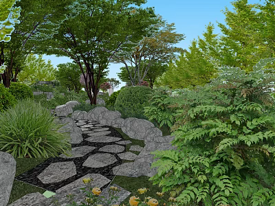 Scenic Park Landscape With Stone Path Lush Green Plants And Tall Trees 3d model