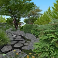 Scenic Park Landscape With Stone Path Lush Green Plants And Tall Trees
