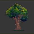 Colorful Artistic Tree Featuring Green Yellow Blue Leaves Red Trunk and Grass at Base