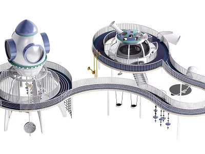 Space Themed Playground Equipment With Multi Level Rocket Shaped Structure And Curved Tracks 3d model