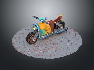 Vibrant Yellow And Blue Motorcycle With Brown Seat On Circular Brick Pavement 3d model