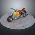 Vibrant Yellow And Blue Motorcycle With Brown Seat On Circular Brick Pavement