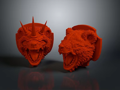 Red 3D Printed Character And Creature Head Models With Detailed Design 3d model
