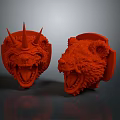 Red 3D Printed Character And Creature Head Models With Detailed Design