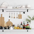 Organized Kitchen Shelves Displaying Plates Bowls Wooden Cutting Boards Utensils Pots Seasoning And Fresh Fruits