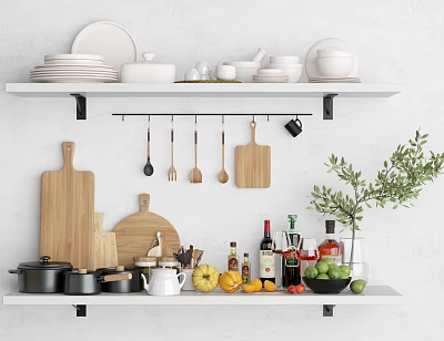 Organized Kitchen Shelves Displaying Plates Bowls Wooden Cutting Boards Utensils Pots Seasoning And Fresh Fruits 3d model
