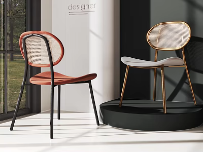 Modern Leisure Chairs With Woven Rattan Back Black Gold Metal Frame And Orange White Seats 3d model