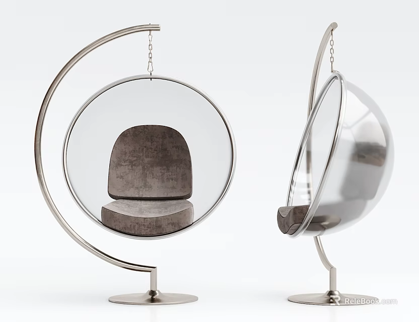 Modern Hanging Chair With Transparent Round Frame And Padded Seat On Silver Metal Stand 3d model 