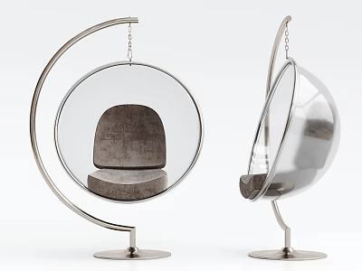 Modern Hanging Chair With Transparent Round Frame And Padded Seat On Silver Metal Stand 3d model