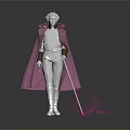 Woman in white outfit with pink cloak and silver boots holding staff with pink glow