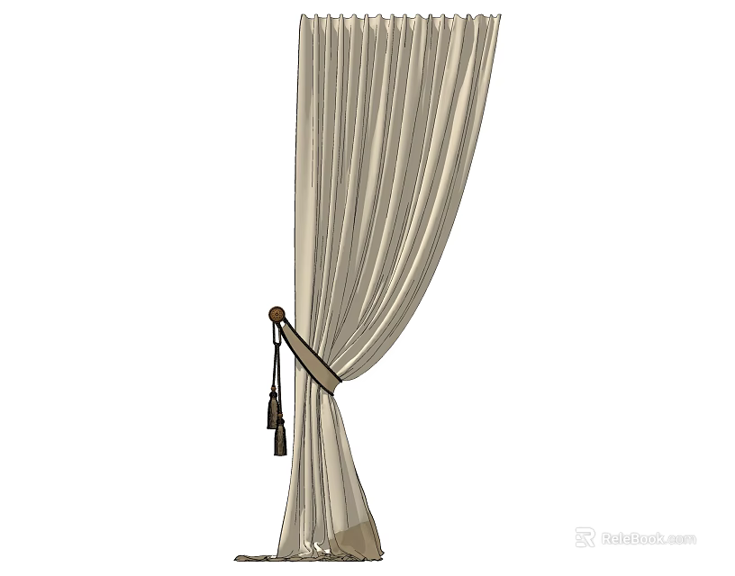 Elegant Beige Linen Curtain With Pleated Design And Tassel Tieback For Home Decor 3d model 
