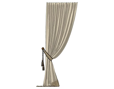 Elegant Beige Linen Curtain With Pleated Design And Tassel Tieback For Home Decor 3d model