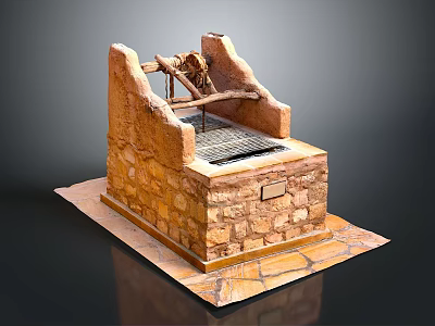 Traditional Stone Oven Structure With Wooden Component Grill Opening And Stone Base 3d model