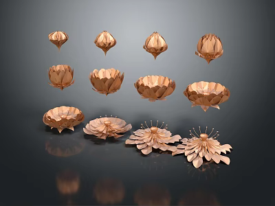 Copper Floral Vases With Various Blooming And Bud Shapes On Dark Background 3d model