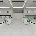 Modern Service Hall Interior With White Floor Green Stools And Service Counters 3d model