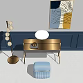 Elegant Dressing Table With Round Mirror Blue Stool Globe Floor Lamp And Navy Paneled Wall 3d model