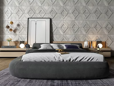Gray Geometric Patterned Wall Background Double Bed With Framed Art Bedside Lamps And Soft Rug 3d model