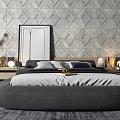 Gray Geometric Patterned Wall Background Double Bed With Framed Art Bedside Lamps And Soft Rug 3d model