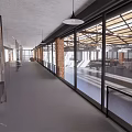 Modern Front Desk Reception Area With Glass Facade Brick Wall And Wooden Roof Structure