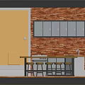 Kitchen Interior Design With Orange Door Brick Wall Gray Cabinets Island Stools And Orange Floor