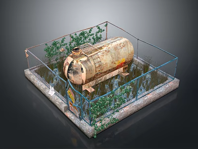 Old Oil Tank Enclosed In Fenced Area With Green Plants And Concrete Base 3d model