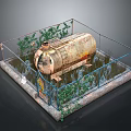 Old Oil Tank Enclosed In Fenced Area With Green Plants And Concrete Base