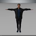 Man With Arms Outstretched In Black Jacket Blue Shirt Black Pants Blue Shoes Gray Background