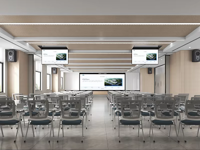 Bright Modern Large Conference Room With Multiple Display Screens And Neatly Arranged Comfortable Meeting Chairs 3d model