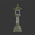 Traditional Stone Lantern With Moss Covered Top And Carved Base Structure